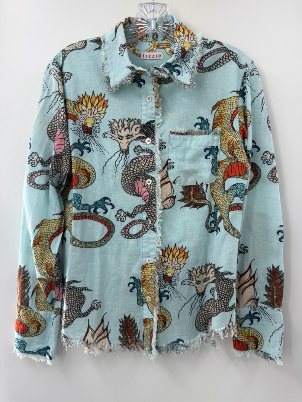 Tizzie Womenās Long Sleeve Cotton/Linen Button Up Dragon Shirt Frayed Edge Small